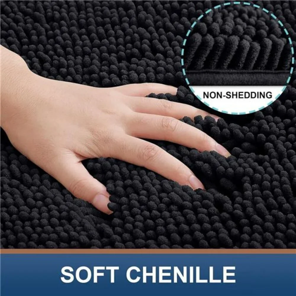 Smiry Luxury Chenille Bathroom Rug Non-Slip Shaggy Bath Mat Machine Washable Bla